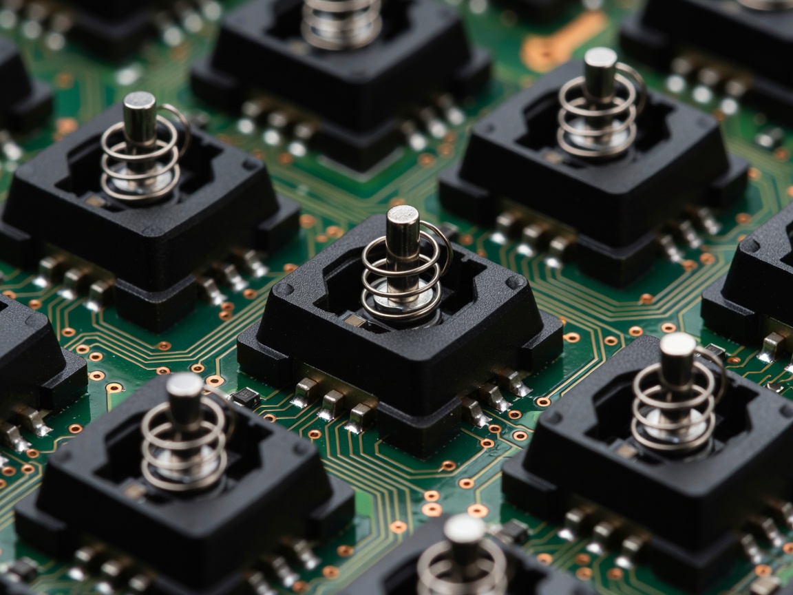 Detailed close-up of custom magnetic Hall-effect keyboard switch mechanisms and printed circuit board traces