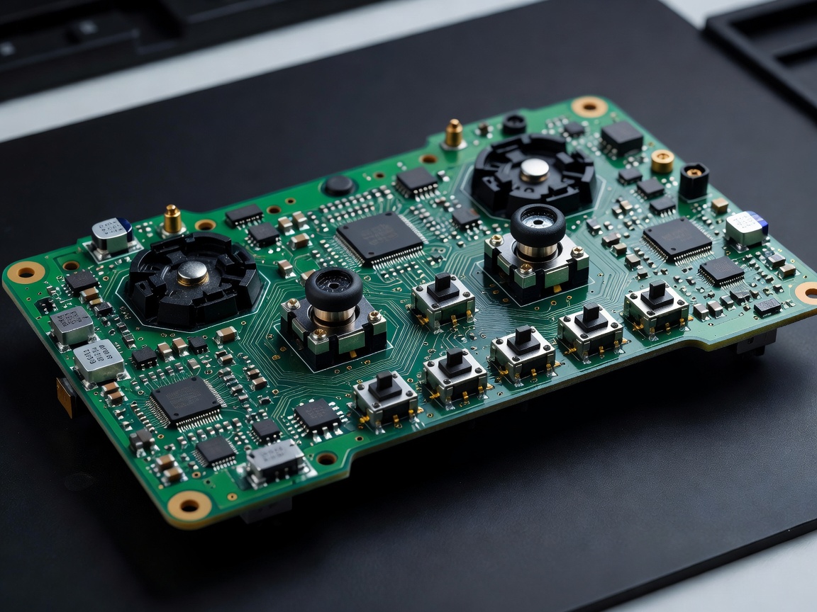 Exposed high performance gamepad circuit board showing Hall effect joystick sensors and mechanical microswitches